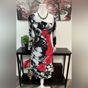 EVO VORRO women’s Sheath Midi Dress Size M Floral Asymmetrical Neck Long Sleeve